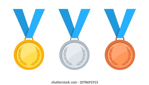 Gold, silver and bronze medals. Medals with blue ribbon set. Medal with laurel wreath. Champion award, winner reward, achievement and trophy.