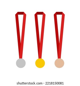 Gold, silver and bronze medals with blue ribbon flat vector icon