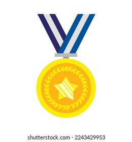 Gold, silver and bronze medals with blue and white ribbon. Champion and winner awards medal. Golden 1st Place Badge. Sport Game Golden Challenge Award. flat vector icons for sports apps and websites.