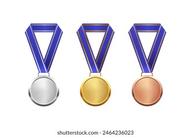 Medallas de oro, plata, bronce con Ilustración vectorial de lazo azul. Colección de medalla de trofeo aislada realista con insignias de recompensa de metal para ganadores y campeones.