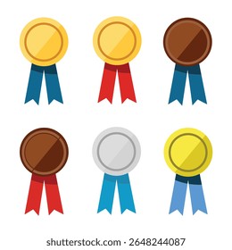 Gold, silver and bronze medals with blue ribbon flat vector icons for sports apps and websites