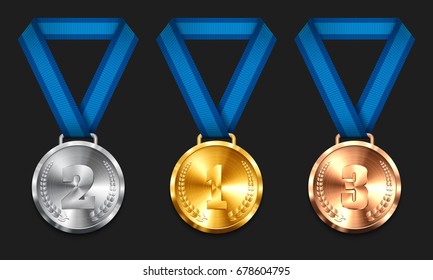 Gold Silver Bronze Medals Blue Ribbon Stock Vector (Royalty Free ...