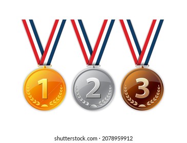 Gold silver bronze medals. Champion winner award metal medal. Vector illustration. 