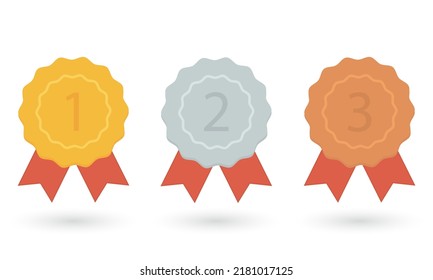 Gold, silver and bronze medals. Champion and winner awards medal set with red ribbon. First place trophy. Vector illustration