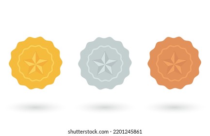 Gold, silver and bronze medals. Champion and winner awards medal set. Rank medals with the star for game user interface. Vector illustration