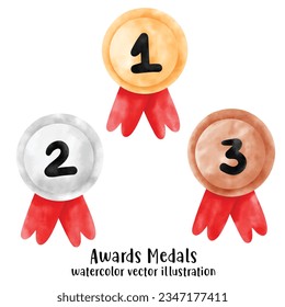 Gold, silver and bronze medals. Champion and winner awards medal set. trophy. watercolor style