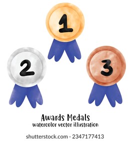 Gold, silver and bronze medals. Champion and winner awards medal set. trophy. watercolor style