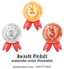 Gold, silver and bronze medals. Champion and winner awards medal set. trophy. watercolor style