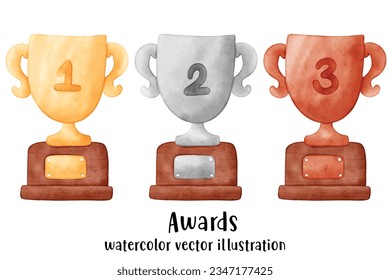 Gold, silver and bronze medals. Champion and winner awards medal set. trophy. watercolor style