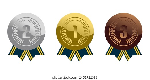 Gold, silver and bronze medals. Champion and winner awards medal set with red ribbon. First place trophy. Olympic games medals 