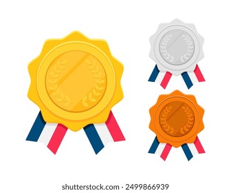 Ilustración de diseño plano de medallas de oro, plata y bronce. Medallas de campeones para competiciones deportivas, premios y diseños temáticos de logros