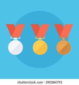 Gold, silver, bronze medals. Flat design vector illustration.