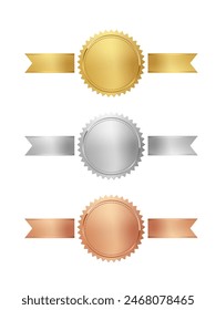 Gold, silver and bronze medals with horizontal ribbons set vector illustration. 3d realistic award seals isolated on white. Golden design element for labels, certificates, badges, winners.