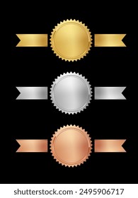 Medallas de oro, plata y bronce con cintas Horizontales en Ilustración vectorial. Sellos de premio realistas 3d aislados en negro. Elemento de diseño dorado para etiquetas, certificados, insignias, ganadores.