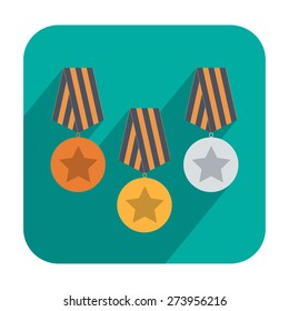 Gold, Silver, Bronze medals with the imprint of star icon flat