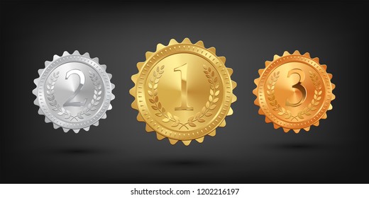 Gold, silver and bronze medals isolated on black background. Vector design elements