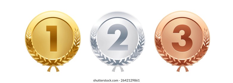 Gold, silver, bronze medals with laurel wreaths and numbers 1, 2, 3. Award icons for first, second, and third place. Winner podium symbols. Realistic vector illustration.