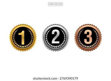 Gold, silver, and bronze medals with laurel wreaths and numbers 1, 2, 3. 3D award icons for first. illustration template