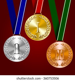 Gold, silver and bronze medals with laurel wreaths on dark red background. Vector illustration