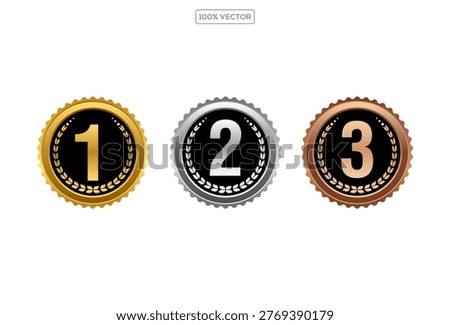 Gold, silver, and bronze medals with laurel wreaths and numbers 1, 2, 3. 3D award icons for first. illustration template