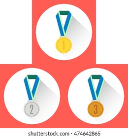 Gold, silver and bronze medals long shadow icons vector illustration.