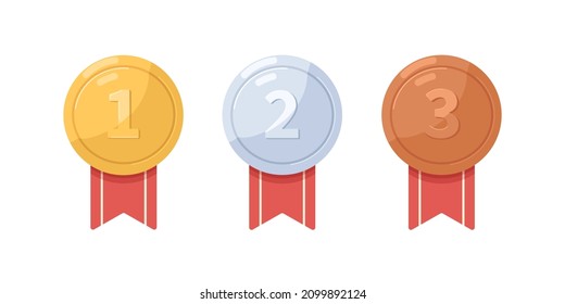 Medallas de oro, plata y bronce. Premios de metal, insignias para el primer, segundo y tercer puesto. Premios 1º, 2º y 3d en competencia. Ilustración vectorial gráfica plana aislada en fondo blanco