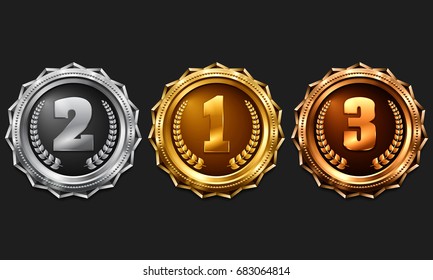 Gold, silver and bronze medals. Metallic winner award. Vector illustration.