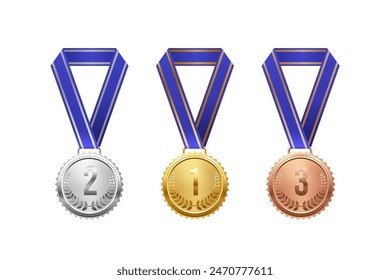 Gold, silver, bronze medals with numbers place with blue ribbon set vector illustration. Realistic isolated trophy medal collection with metal reward badges for winners and champions.