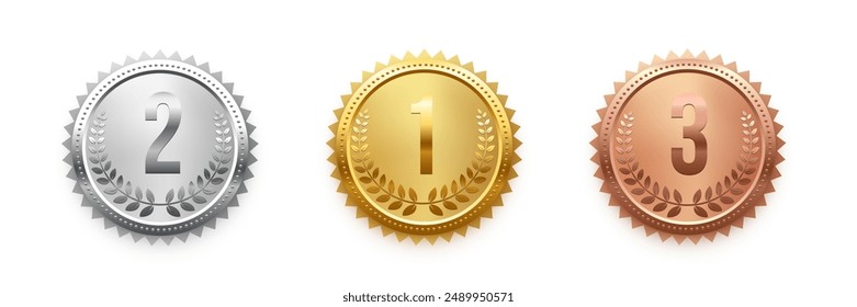 Gold, silver and bronze medals with numbers place set vector illustration. Realistic isolated trophy medal collection with metal reward badges for winners, champions, quality certificate, warranty.