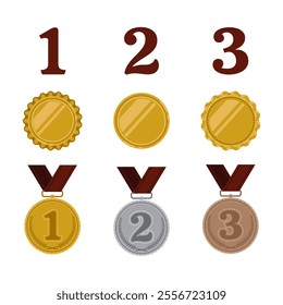 Gold, silver, and bronze medals with numbers 1, 2, and 3, representing first, second, and third place awards. Medal element creation set.