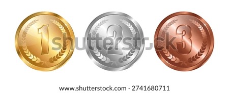 Gold, silver and bronze medals with numbers. Metallic effect.
