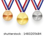 Gold, silver and bronze medals on ribbons realistic illustrations set. Sports competition first, second and third place awards isolated cliparts pack. Championship reward. Contest achievement, victory
