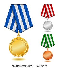 Gold, silver and bronze medals on patterned color ribbon.