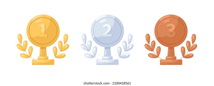 Gold, silver and bronze medals on stand. Metal awards with laurel branch. Trophies for first, second and third places. 1st, 2nd and 3rd prizes. Flat vector illustration isolated on white background