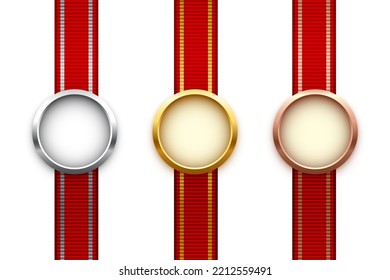 Gold, Silver And Bronze Medals On Red Ribbon With Grosgrain Texture Set Vector Illustration. 3d Realistic Award For First, Second And Third Place, Champion Labels For Achievement On White Background