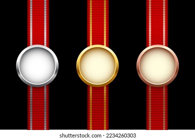 Gold, silver and bronze medals on red ribbon with grosgrain texture set vector illustration. 3d realistic award for first, second and third place, champion labels for achievement on black background