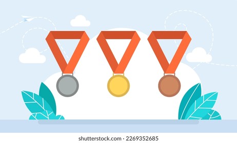 Gold, silver and bronze medals on red ribbons. Champion and winner awards medal. First, second, third place trophy. Championship reward. Contest achievement, victory, competition. Vector illustration