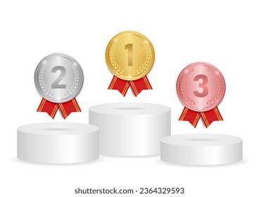 Gold, Silver and Bronze Medals on Winner Podium. Sport Winner Medal. Champion and Winning Concept. Vector Illustration.