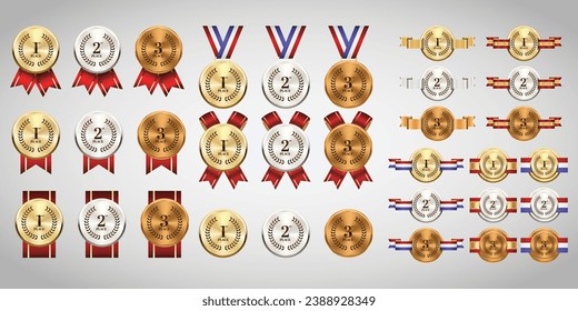 Gold, silver and bronze medals on ribbons realistic illustrations set