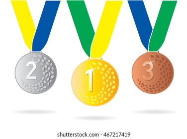 Gold, silver, bronze medals on the brazil flag colors ribbon.  vector illustration