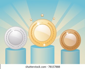 Gold silver and bronze medals on a blue starburst