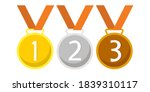 Gold, silver and bronze medals with orange ribbon flat design vector icons. vector illustration.