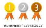 Gold, silver and bronze medals with orange ribbon flat design vector icons. vector illustration.