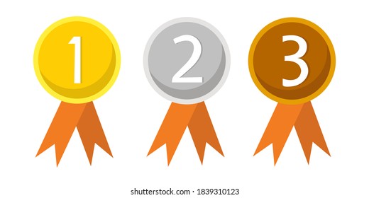 Gold, silver and bronze medals with orange ribbon flat design vector icons. vector illustration.