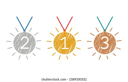 gold, silver and bronze medals in outline style made by hand. 1,2,3 place career ladder in business or sports. flat vector illustration isolated on white background