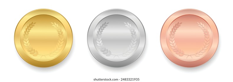 Gold, silver and bronze medals realistic shiny metallic set, with laurel wreath for Winner sports awards symbols, Celebration Championship Sports competition first, second and third place awards 