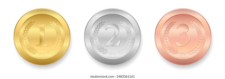 Gold, silver and bronze medals realistic shiny metallic set, with laurel wreath and number ,Winner sports awards symbols, Championship Sports competition first, second and third place awards 