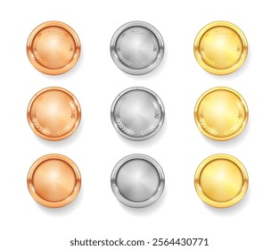 Gold, silver and bronze medals realistic mockup, isolated trophy with metal reward badges for winners. Vector quality certificate and prize warranty. Sports achievements award with laurel leaves