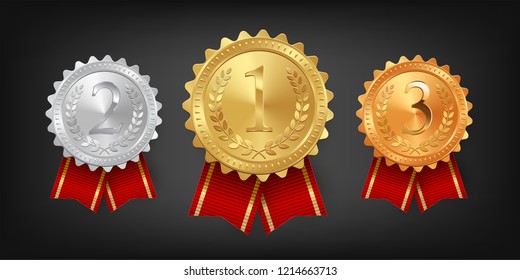 Gold, silver and bronze medals with red ribbons isolated on black background. Vector design element