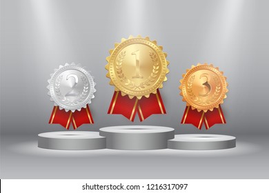 Gold, silver and bronze medals with red ribbons isolated on white podium under spot lights. Vector design element